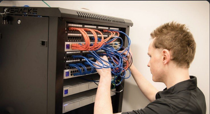 Engineer connecting colour-coded cables in a network rack
