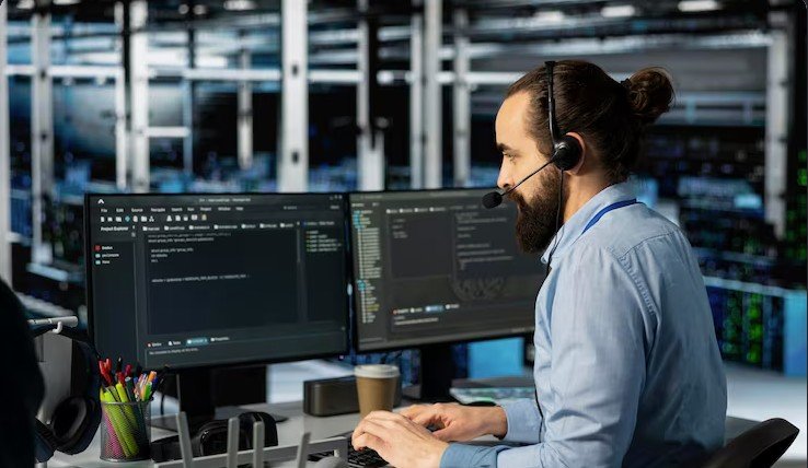 Support engineer working at dual monitors with a headset