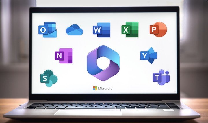 Laptop showing Microsoft 365, including Outlook, Word, Excel, PowerPoint and Teams