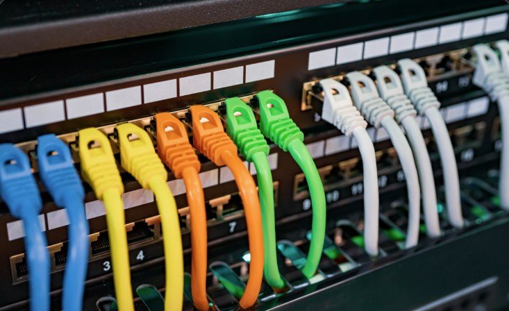 Colour-coded Ethernet cables plugged into a network switch